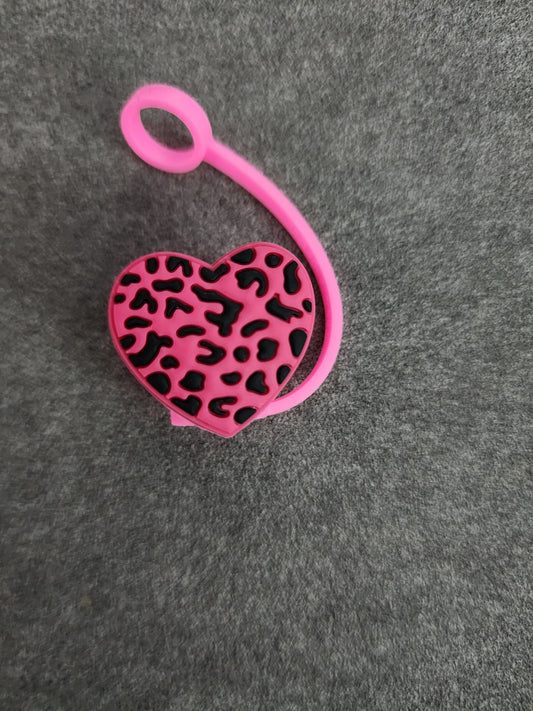 Straw Toppers-Pink Leopard Heart