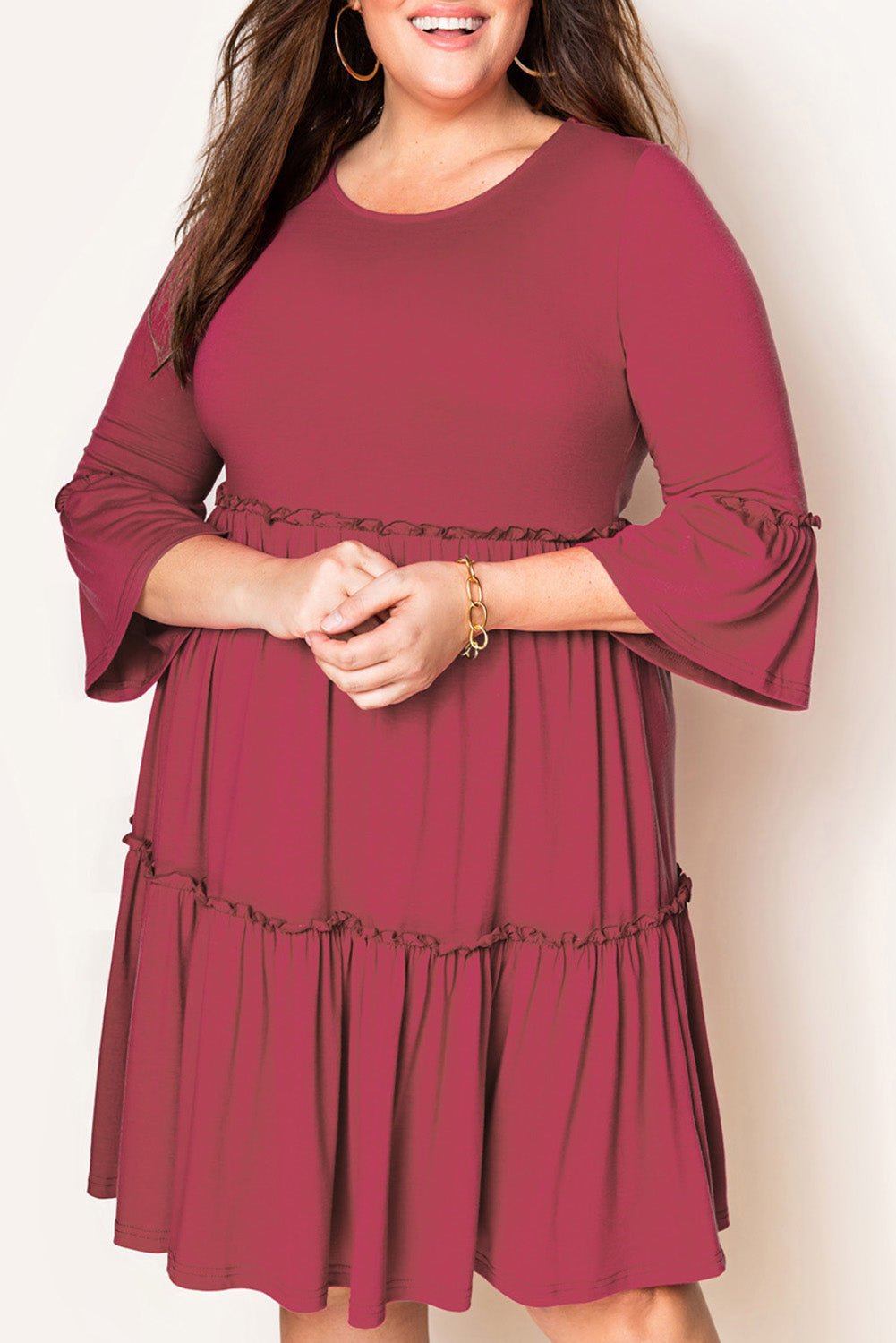 Red Tiered Ruffled 3/4 Sleeve Plus Size Dress